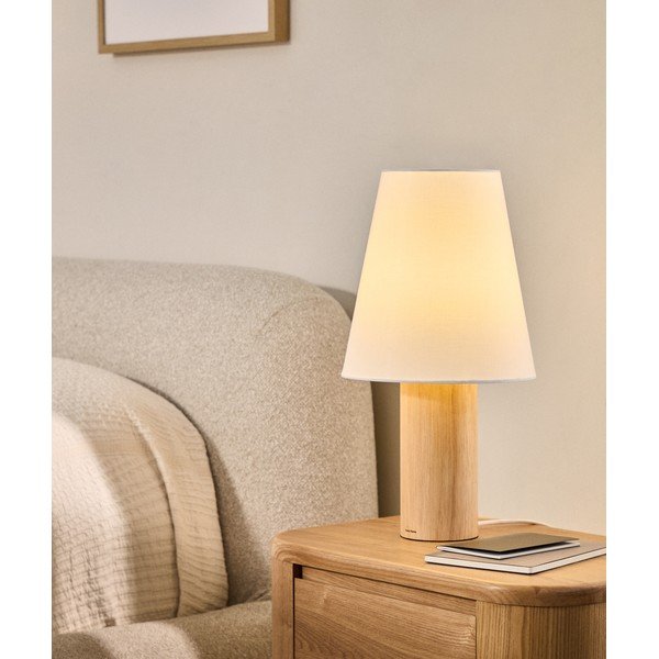 Baltos spalvos/natūralios spalvos iš kaučiukmedžio masyvo stalinis šviestuvas (aukštis 49,5 cm) su tekstiliniu gaubtu Marga – Kave Home-image-1