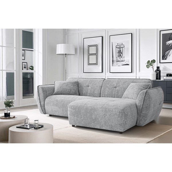 Šviesiai pilkos spalvos kampinė sofa iš šenilinio audinio (su dešiniuoju kampu/su gultu) Nelia – Ropez-image-1