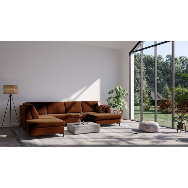 Tamsiai oranžinės spalvos aksominė U formos sofa-lova Ghado Moor, kairysis kampas-image-1