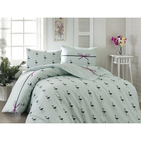 Medvilninė patalynė su paklode dvivietei lovai ir 2 užvalkalais pagalvėms "Flamingo Mint", 200 x 220 cm