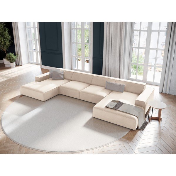 Kreminės spalvos modulinė kampinė sofa iš velveto („U“ formos) Jodie – Micadoni -image-1
