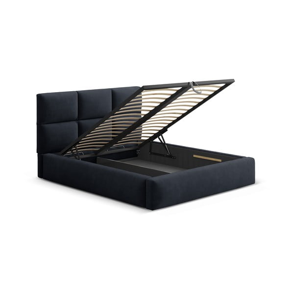 Tamsiai mėlynos spalvos dvigulė lova audiniu dengta su sandėliavimo vieta su lovos grotelėmis 200x200 cm Libera – Windsor & Co Sofas-image-2