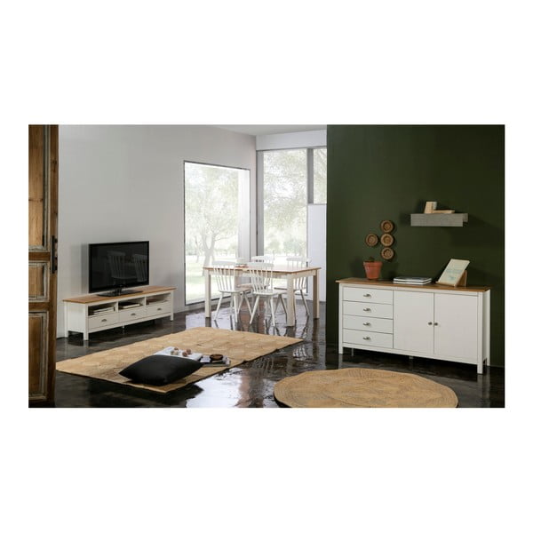 Balta pušies masyvo komoda su 4 stalčiais "Marckeric Jade", 150 cm ilgio-image-1