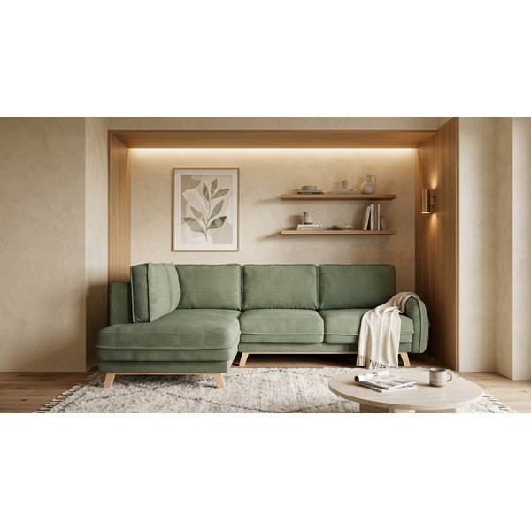 Iš kordinio velveto sulankstoma kampinė sofa šviesiai žalios spalvos (su kairiuoju kampu) Tori – Bonami Selection-image-1