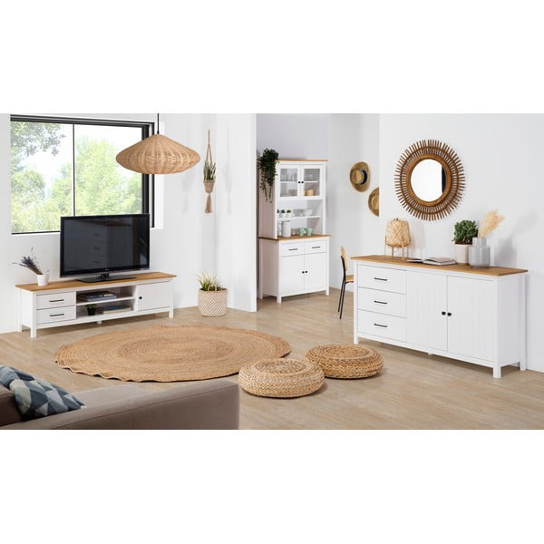 Iš pušies masyvo žema šoninė spintelė baltos spalvos 150x80 cm Miranda – Marckeric-image-1