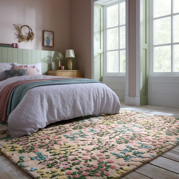 Rankų darbo kreminės spalvos iš vilnos kilimas 200x290 cm Emilia Floral – Flair Rugs-image-1