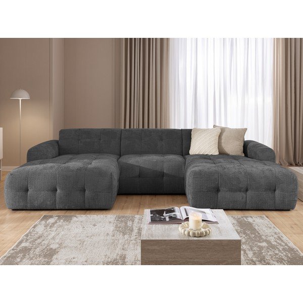 Tamsiai pilkos spalvos kampinė sofa („U“ formos/su gultu) Melva – Ropez-image-1