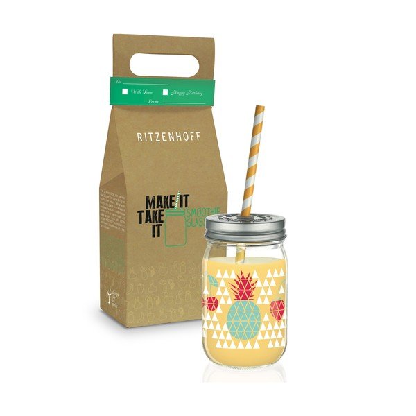 Stiklinė su dangteliu ir šiaudeliu "Ritzenhoff Kathrin Stockebrand Pineapple", 445 ml-image-2