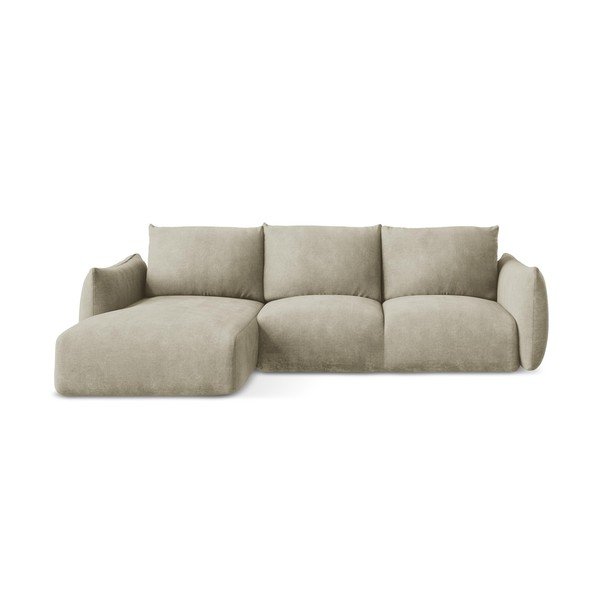 Smėlio spalvos iš šenilinio audinio sulankstoma kampinė sofa (su kairiuoju kampu/su gultu) Leila – Makamii