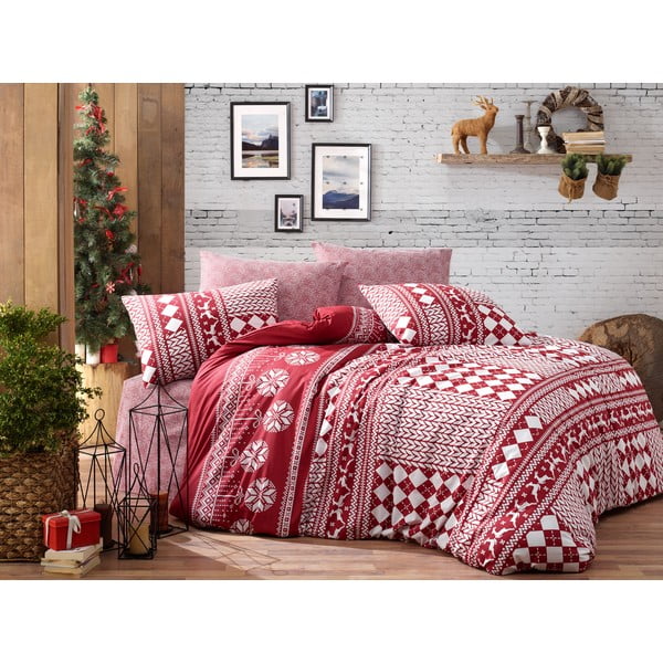 Viengulės lovos patalynė su paklode iš ranforce medvilnės Nazenin Home Deer Claret Red, 140 x 200 cm