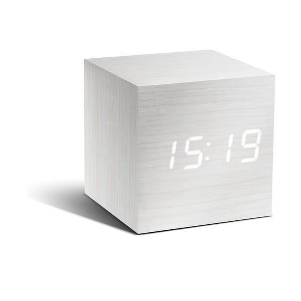 Baltas žadintuvas su baltu LED ekranu Gingko Cube Click Clock