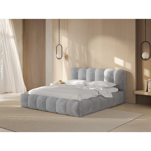 Dvigulė lova šviesiai pilkos spalvos audiniu dengta su sandėliavimo vieta su lovos grotelėmis 160x200 cm Lupine – Micadoni Home-image-1
