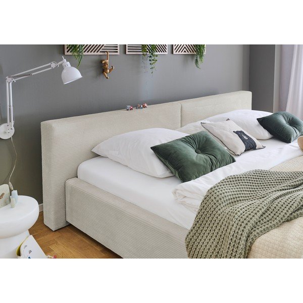 Smėlio spalvos dvigulė lova audiniu dengta su sandėliavimo vieta su lovos grotelėmis 200x240 cm Cube – Meise Möbel-image-3