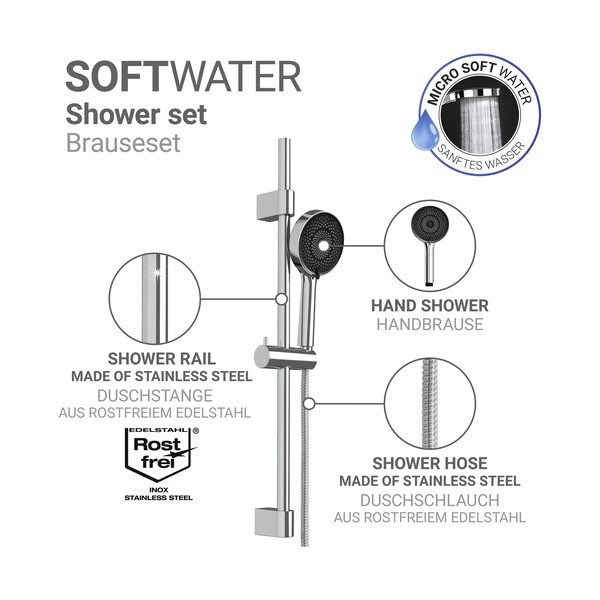 Sidabrinės spalvos iš nerūdijančio plieno dušo komplektas su rankiniu dušu/stumdomas laikiklis 70 cm Softwater – Wenko-image-4