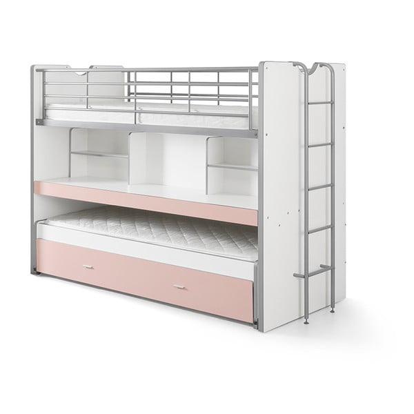 Balta ir rožinė dviaukštė lova su lentynomis "Vipack Bonny", 220 x 100 cm