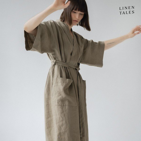 Chaki spalvos lininis chalatas L/XL dydžio Summer - Linen Tales-image-1