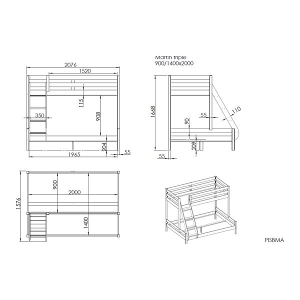 Pilka dviaukštė lova vaikams 140x200/90x200 cm Pino - Vipack-image-2