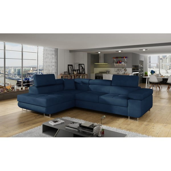 Mėlynos spalvos iš velveto sulankstoma/su sandėliavimo vieta kampinė sofa (su kairiuoju kampu/„L“ formos) Anton – ELTAP-image-3
