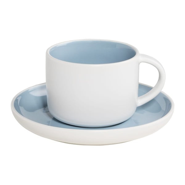 Baltas porcelianinis puodelis ir lėkštutė su mėlynu vidumi Maxwell & Williams Tint, 240 ml
