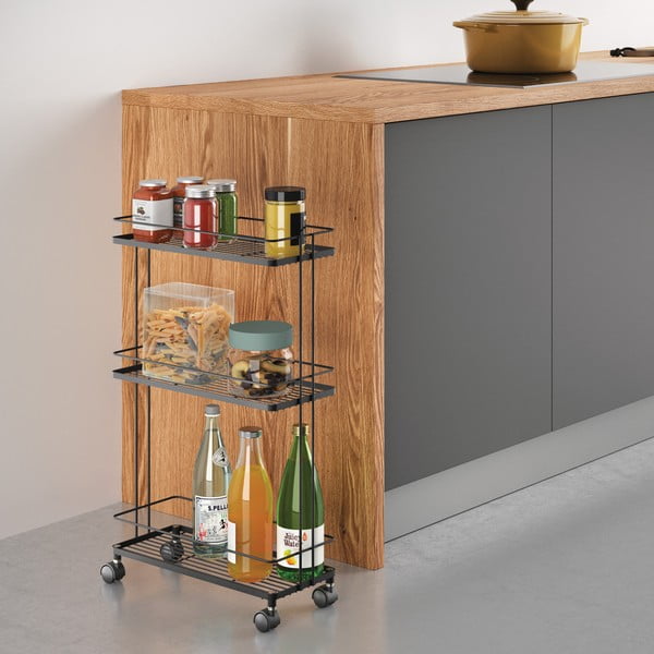 Matinės juodos spalvos iš plieno lentyna ant ratukų 38x62x16 cm Lava – Metaltex-image-1