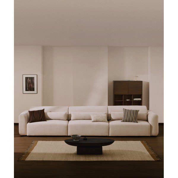 Smėlio spalvos reguliuojama sofa iš šenilinio audinio su gultu 410 cm Lares – Kave Home-image-1
