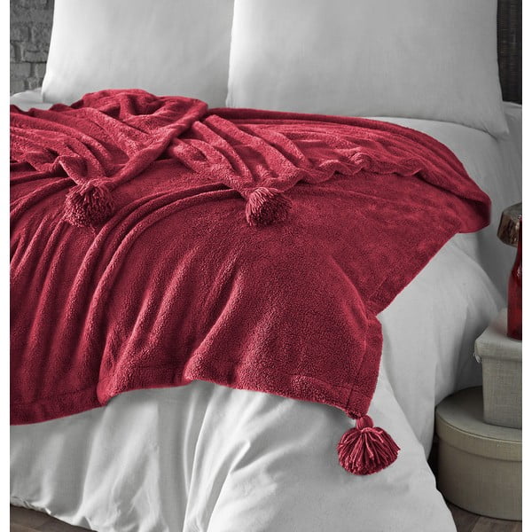 Lovatiesė raudonos spalvos iš mikropliušo dvigulei lovai 200x220 cm Puffy – Mijolnir