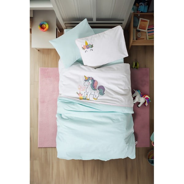 Baltos spalvos/mėtų spalvos iš medvilnės vaikiška patalynė vaikiškai lovai su paklode/4 dalių 100x150 cm Dolly – Mijolnir