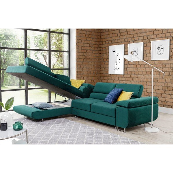 Žalios spalvos iš velveto sulankstoma/su sandėliavimo vieta kampinė sofa (su kairiuoju kampu/„L“ formos) Anton – ELTAP-image-3