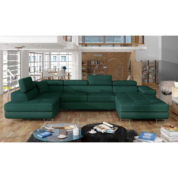 Žalios spalvos iš velveto sulankstoma/su sandėliavimo vieta kampinė sofa (su kairiuoju kampu/„U“ formos) Rodrigo – ELTAP-image-1