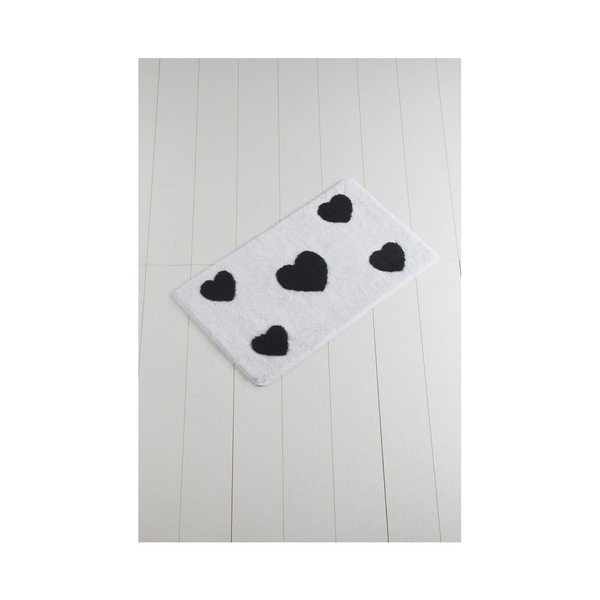 Juodai baltas vonios kambario kilimas "Crasso Hearts", 100 x 60 cm