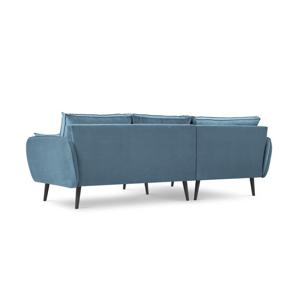 Šviesiai mėlyna aksominė kampinė sofa su juodomis kojomis Kooko Home Lento, kampas kairėje-image-3