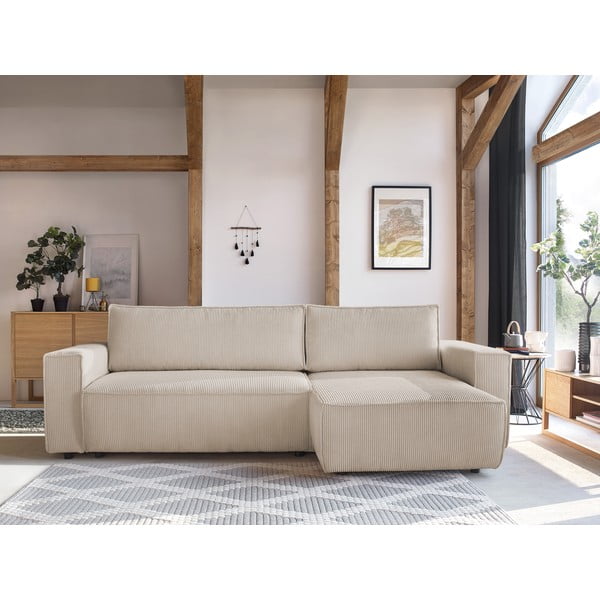 Sulankstoma kampinė sofa baltos spalvos/smėlio spalvos iš kordinio velveto (kintama) Nihad – Bobochic Paris-image-1