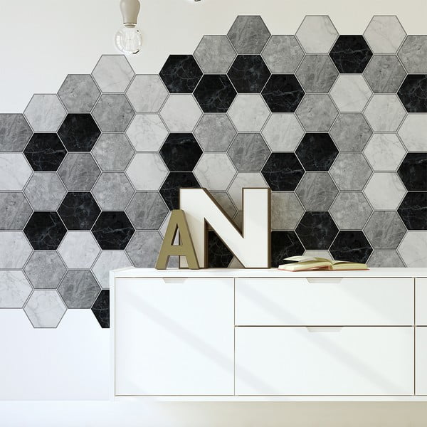 28 dekoratyvinių sieninių lipdukų rinkinys Ambiance Hexagons Marble, 20 x 18 cm