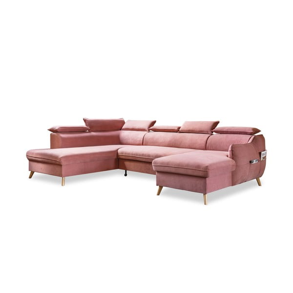 Sulankstoma kampinė sofa iš velveto šviesiai rožinės spalvos (su kairiuoju kampu/„U“ formos) Sweet Harmony – Miuform