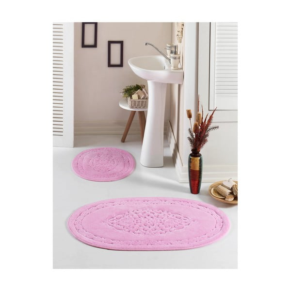2 rožinių ovalo formos vonios kambario kilimėlių rinkinys