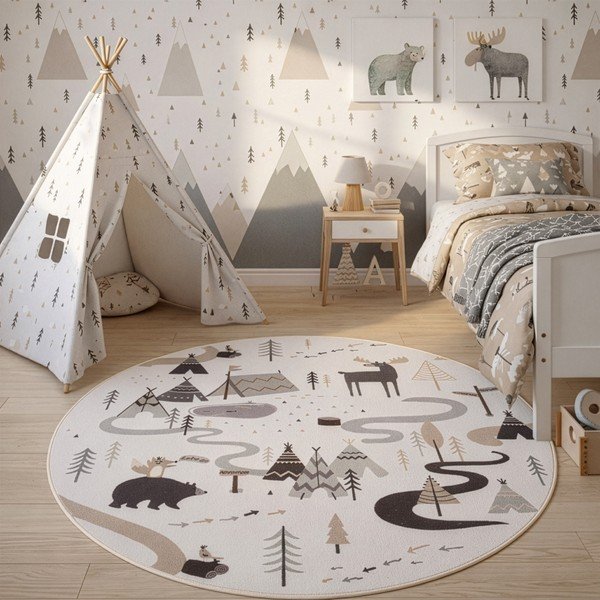 Skalbiamas kreminės spalvos vaikiškas kilimas ø120 cm Coco 1135 – Ayyildiz Carpets-image-1