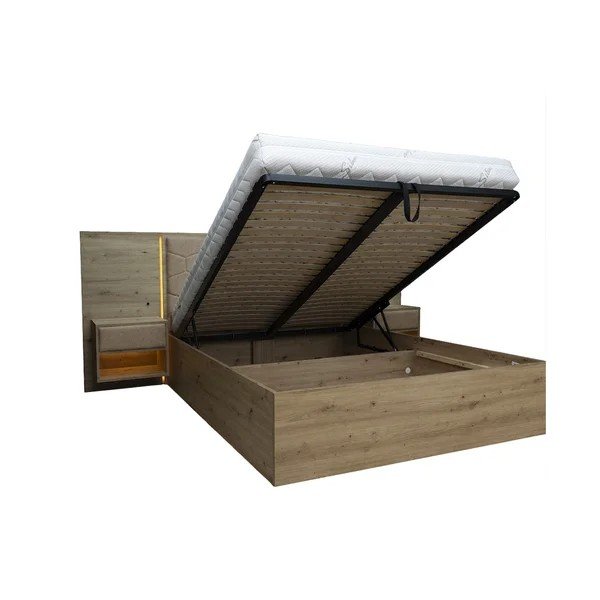Taupe spalvos dvigulė lova audiniu dengta/iš medžio drožlių plokštės su sandėliavimo vieta su lovos grotelėmis 160x200 cm Palmeraie – Bobochic Paris-image-4