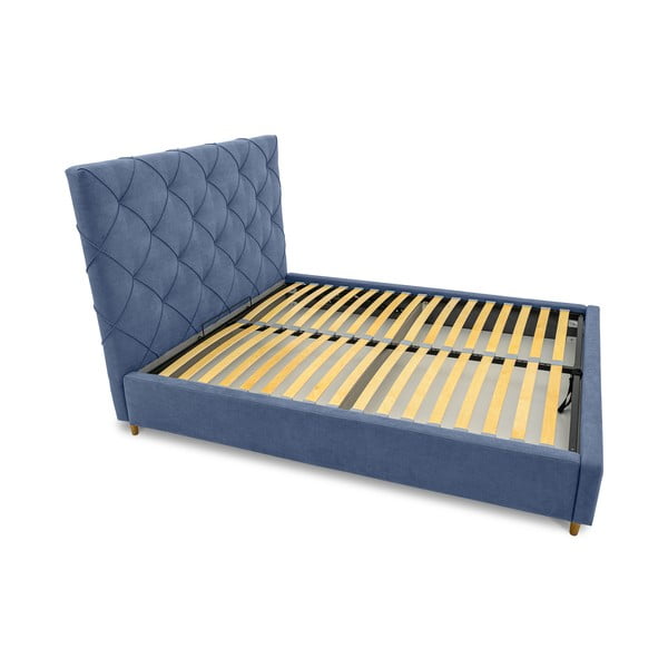 Dvigulė lova mėlynos spalvos audiniu dengta su sandėliavimo vieta su lovos grotelėmis 160x200 cm Bee – Scandic-image-4