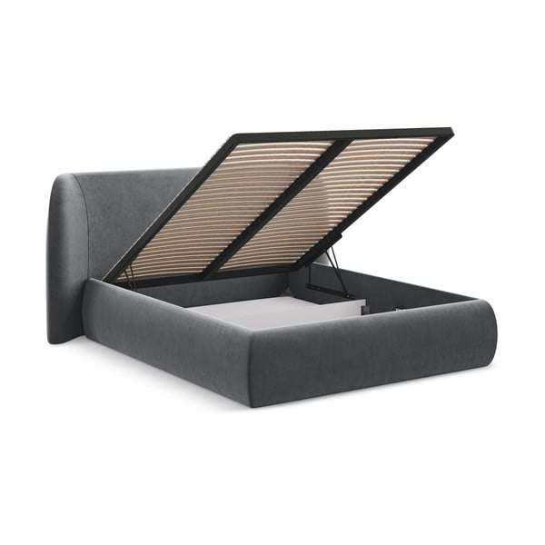 Tamsiai pilkos spalvos dvigulė lova audiniu dengta su sandėliavimo vieta su lovos grotelėmis 180x200 cm Hauke – Makamii-image-3