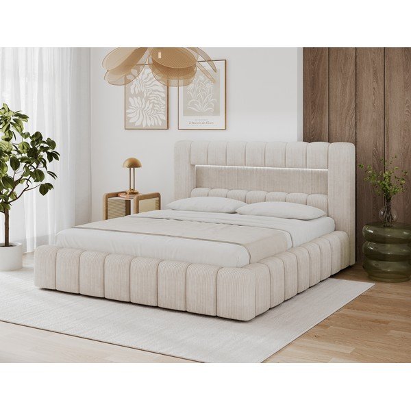 Smėlio spalvos dvigulė lova audiniu dengta su sandėliavimo vieta su lovos grotelėmis 140x200 cm Lamica – ELTAP-image-1