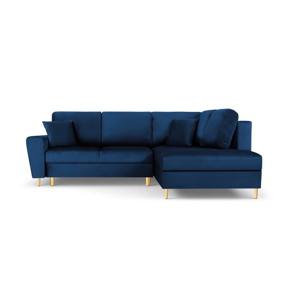 Mėlynos spalvos iš velveto sulankstoma/su sandėliavimo vieta kampinė sofa (su dešiniuoju kampu/„L“ formos) Kyoto – Cosmopolitan Design