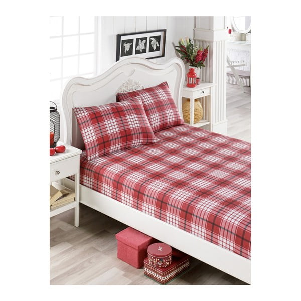 Raudonų medvilninių paklodžių ir 2 užvalkalų rinkinys viengulėlei lovai Flanelo Lusno, 100 x 200 cm