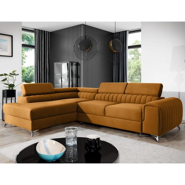 Geltonos spalvos iš velveto sulankstoma/su sandėliavimo vieta kampinė sofa (su kairiuoju kampu/„L“ formos) Laurence – ELTAP-image-1