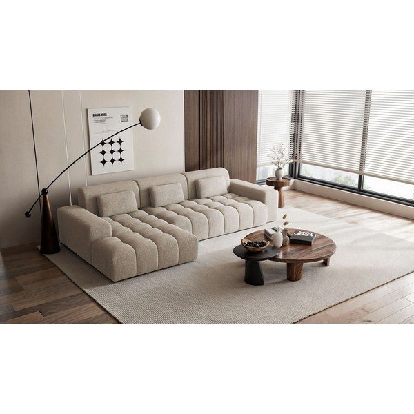 Smėlio spalvos iš šenilinio audinio kampinė sofa (su kairiuoju kampu/su gultu) Chevi – Ghado-image-1