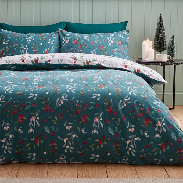 Iš flanelės dvigulė patalynė baltos spalvos/žalios spalvos 200x200 cm Holly and Mistletoe – Catherine Lansfield