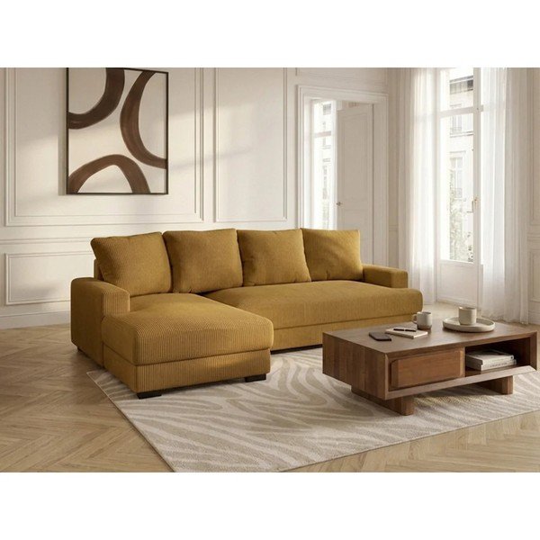 Geltonos spalvos sulankstoma/su sandėliavimo vieta kampinė sofa iš kordinio velveto (su kairiuoju kampu/su gultu) Campi – Bobochic Paris-image-1