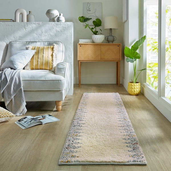 Rankų darbo iš vilnos mišinio kilimas pilkos spalvos/kreminės spalvos 60x230 cm Minerals Border – Flair Rugs-image-1
