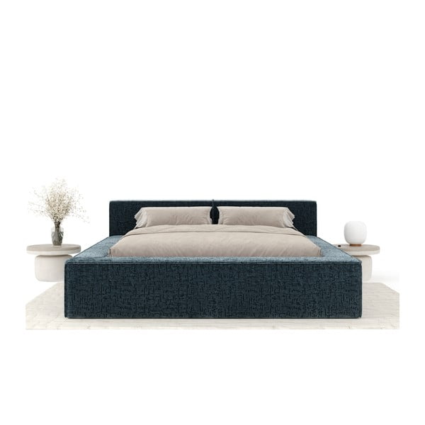 Pilkai mėlynos spalvos dvigulė lova audiniu dengta su sandėliavimo vieta su lovos grotelėmis 140x200 cm Voliera – Maison de Rêve-image-3