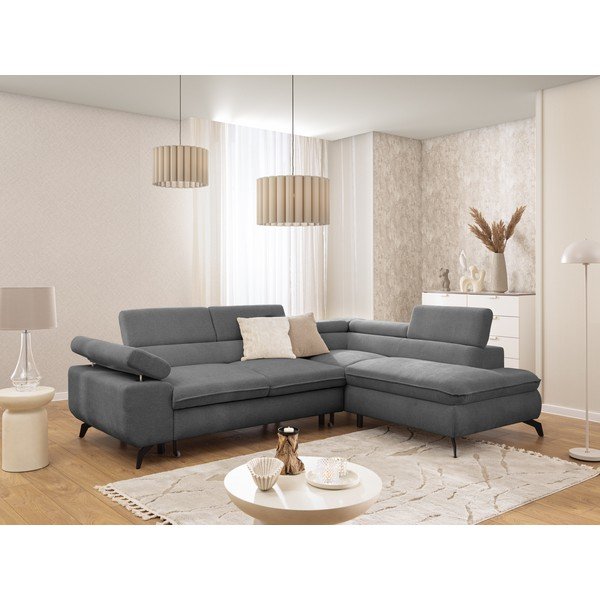 Pilkos spalvos kampinė sofa iš šenilinio audinio (su dešiniuoju kampu/„L“ formos) Marbeya  – Ropez-image-1