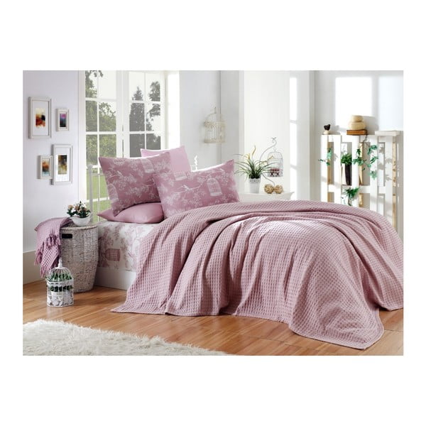 Tamsiai rožinis medvilninės patalynės komplektas viengulėlei lovai, 160 x 240 cm